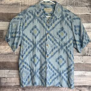 Tommy Bahama Mens Camp Silk Shirt Medium Blue Aztec Button Up Preppy Western